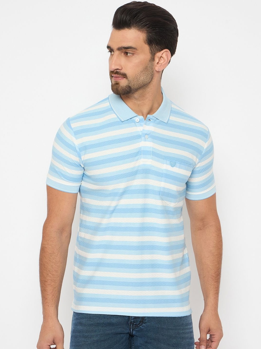 

Duke Men Striped Polo Collar Cotton T-shirt, Blue