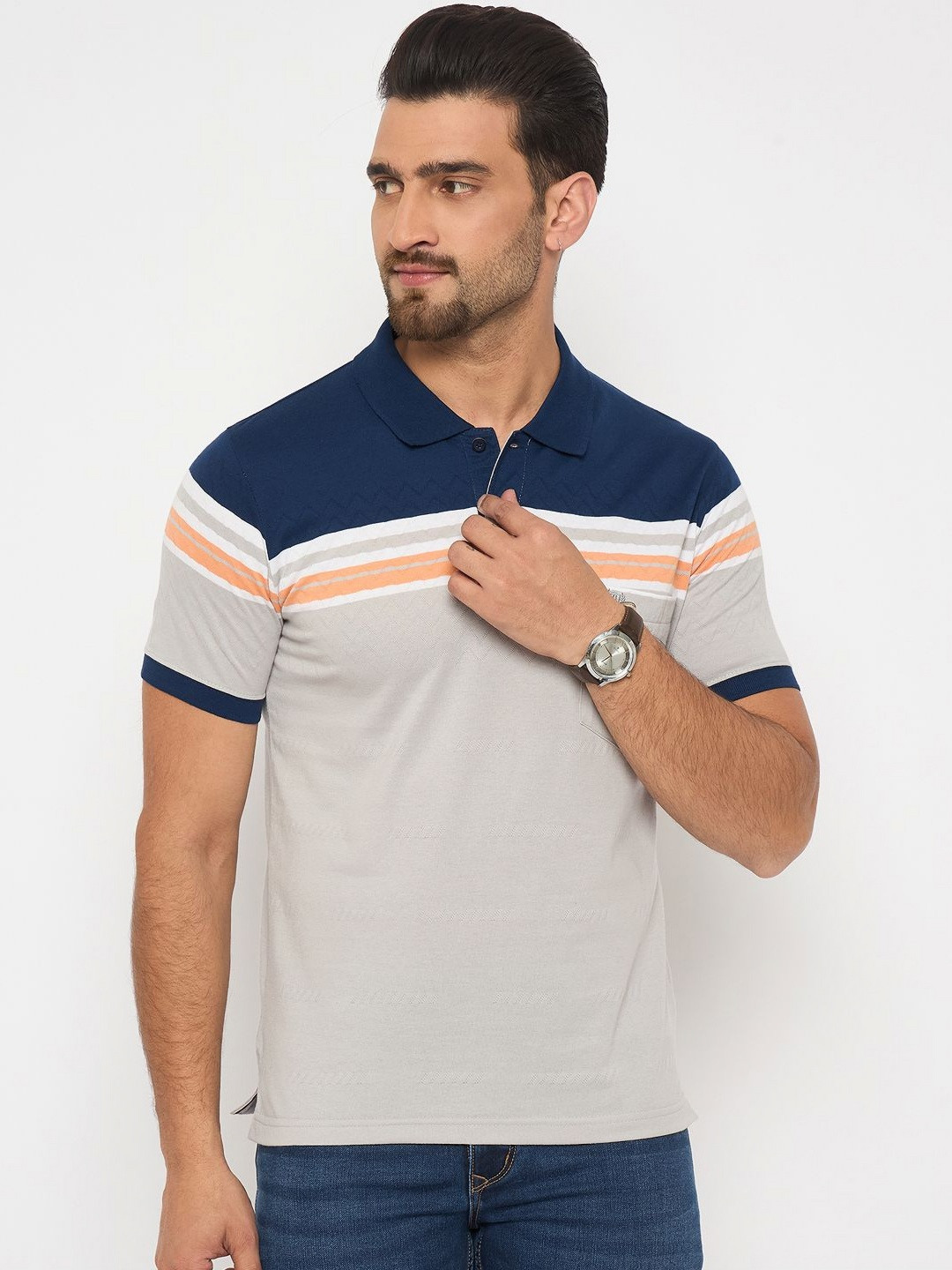 

Duke Men Striped Polo Collar Cotton T-shirt, Beige