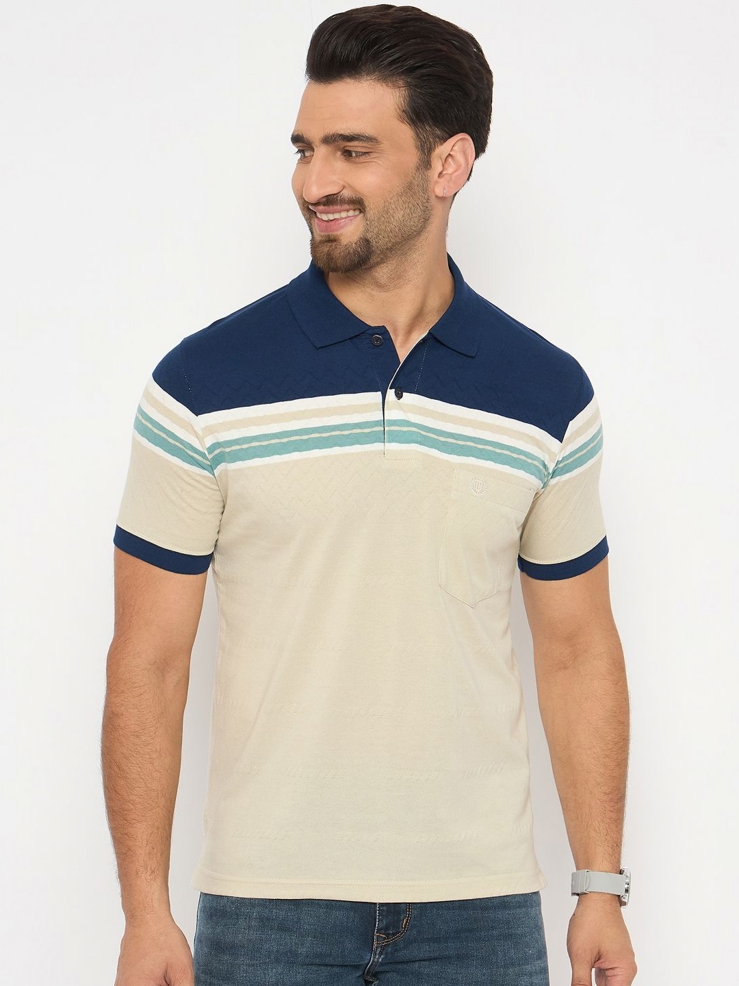 

Duke Men Striped Polo Collar Cotton T-shirt, Beige