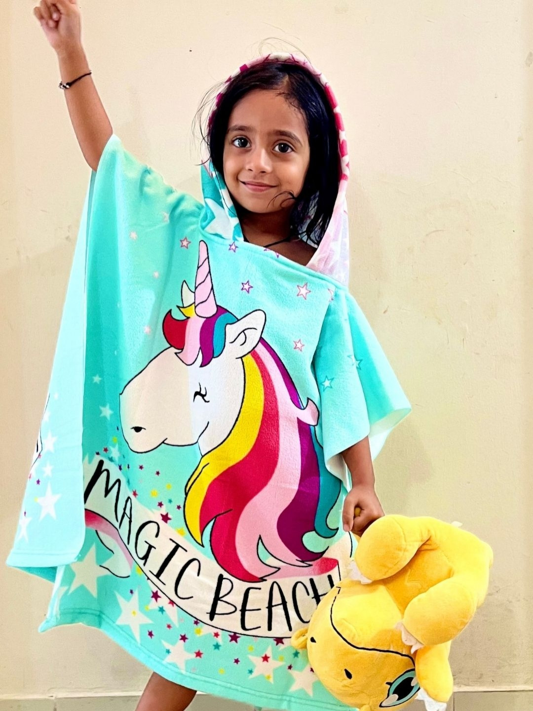 

Famyo Sea Green & White Magic Beach Pink Unicorn Design Poncho Towel for Kids (1-7 years)