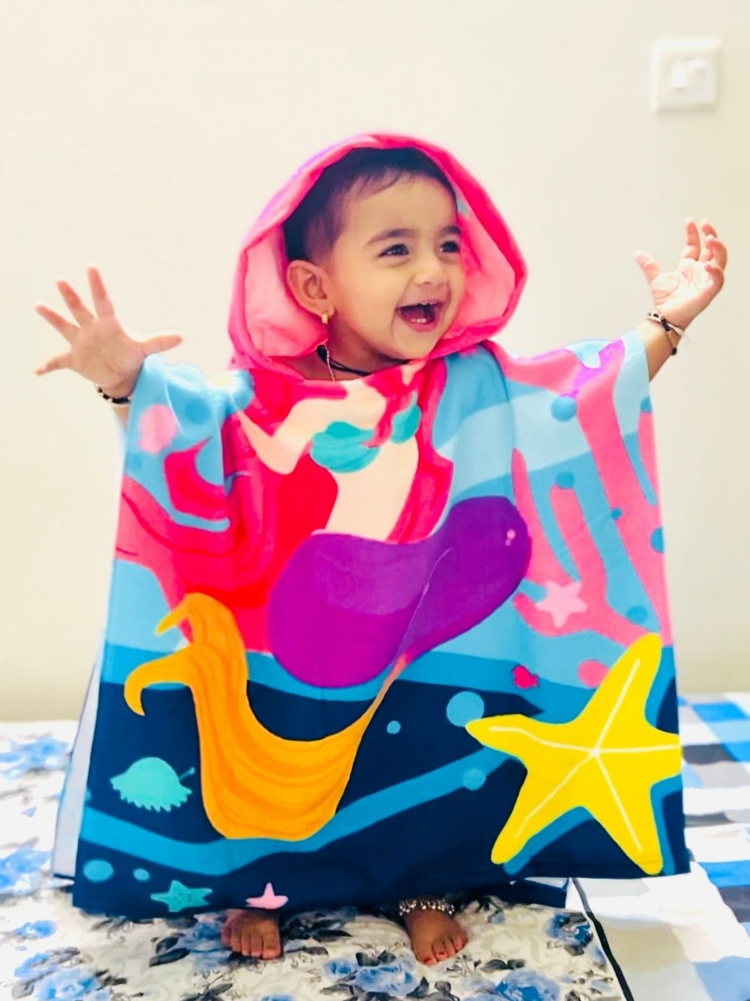 

Famyo Blue & Pink Sea Mermaid Princess Design Poncho Towel for Kids (1-7 years)