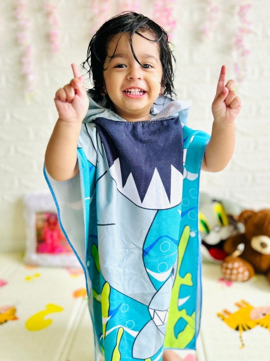 

Famyo Blue & Grey Cute Shark Design Poncho Towel for Kids (1-7 years)