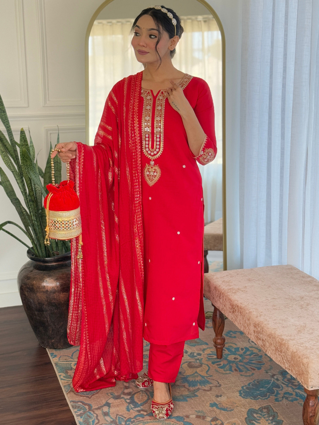 

KALINI Floral Embroidered Sequinned Work Notch Neck Kurta With Trousers And Dupatta, Red