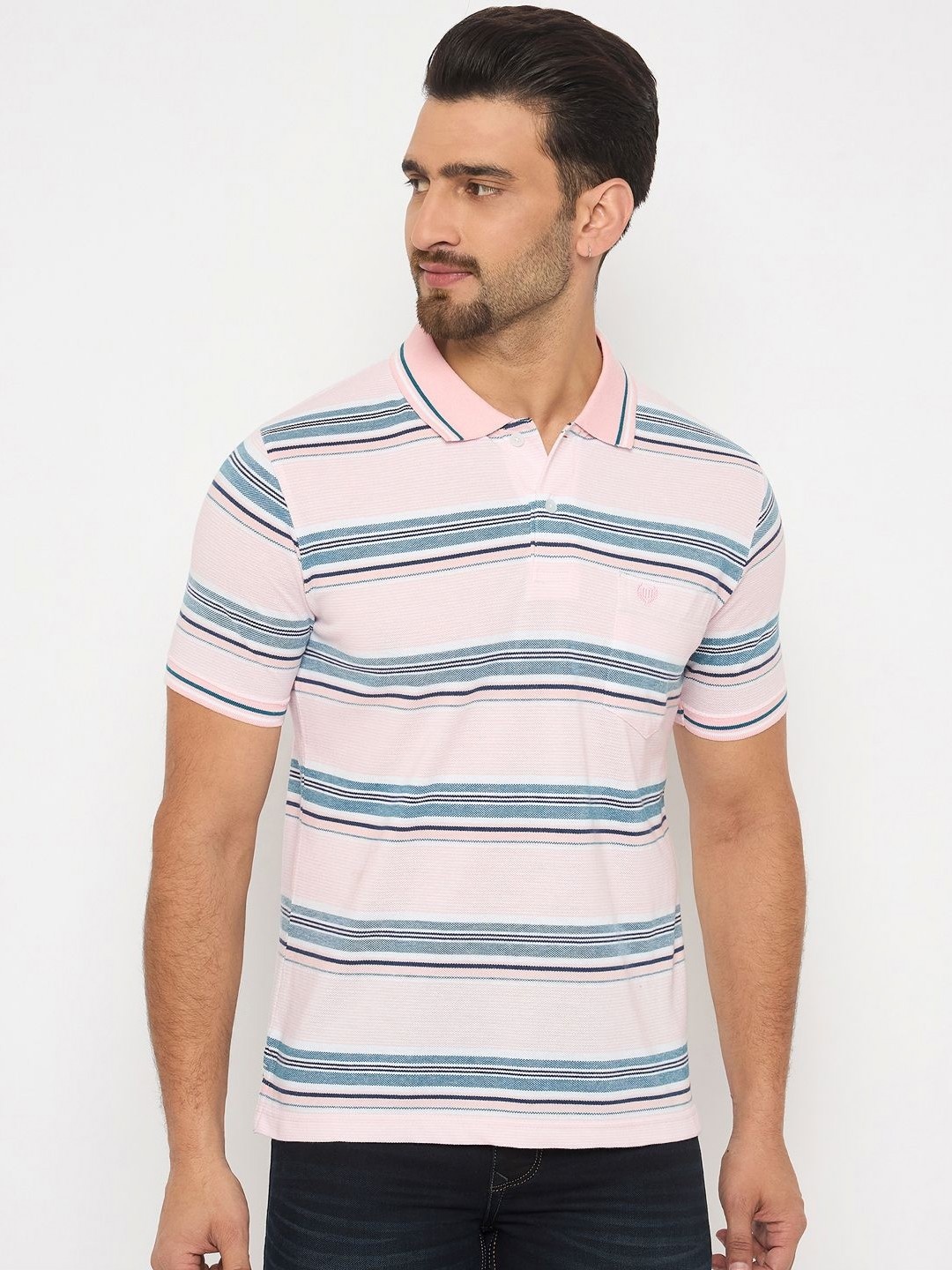 

Duke Men Striped Polo Collar Cotton T-shirt, Pink