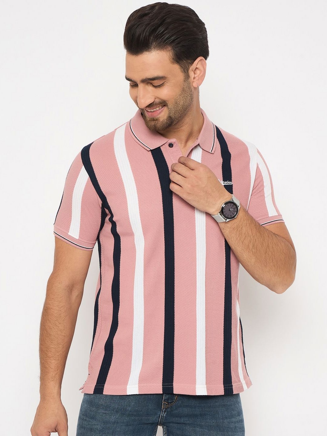 

Duke Men Striped Polo Collar Cotton Slim Fit T-shirt, Pink