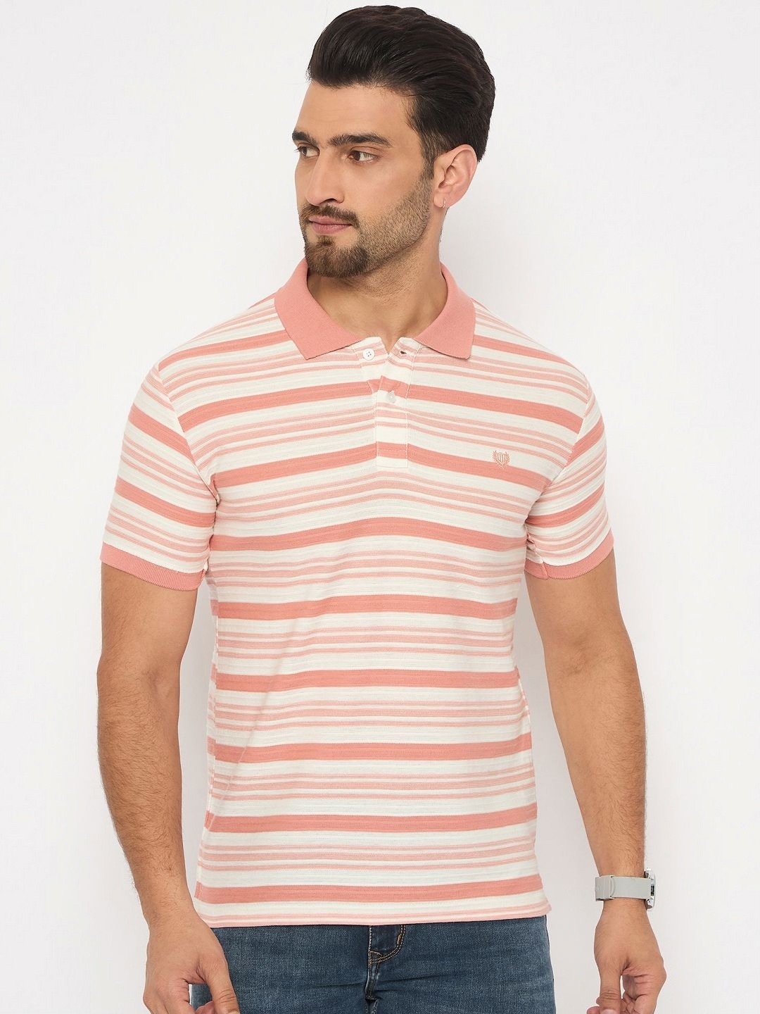 

Duke Men Striped Polo Collar Cotton Slim Fit T-shirt, Pink
