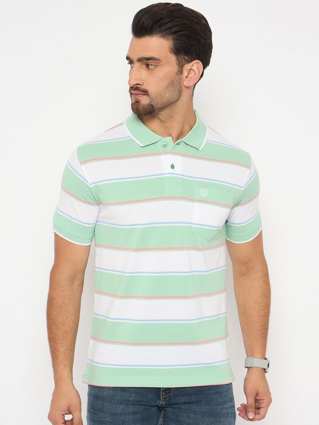

Duke Men Striped Polo Collar Cotton T-shirt, White