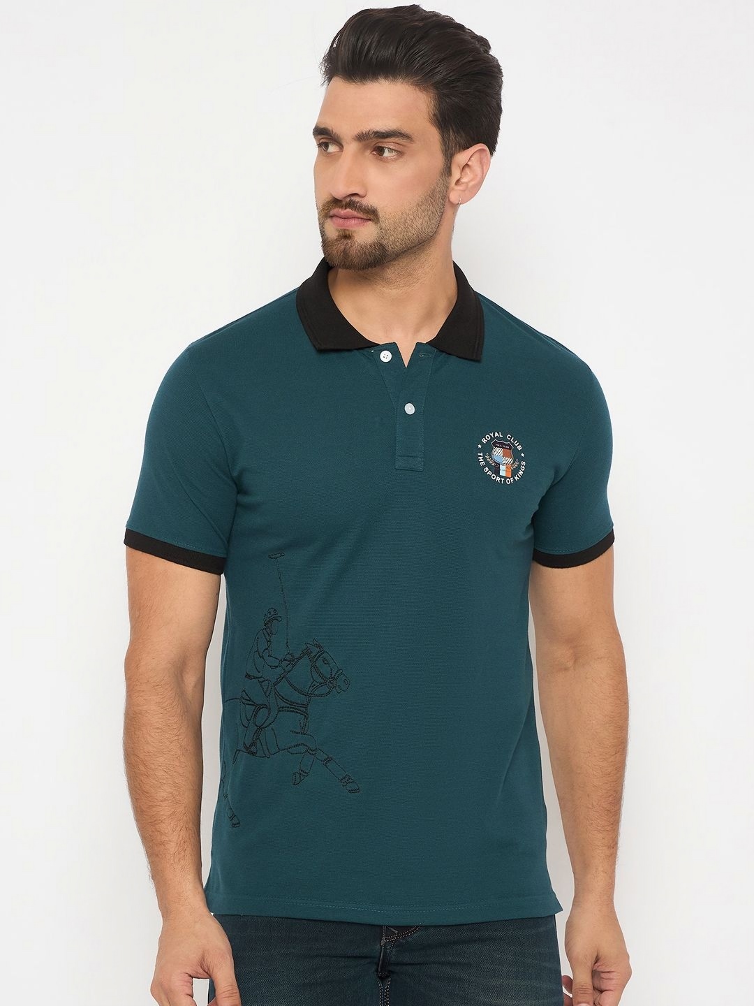 

Duke Men Graphic Printed Polo Collar Cotton Slim Fit T-shirt, Teal