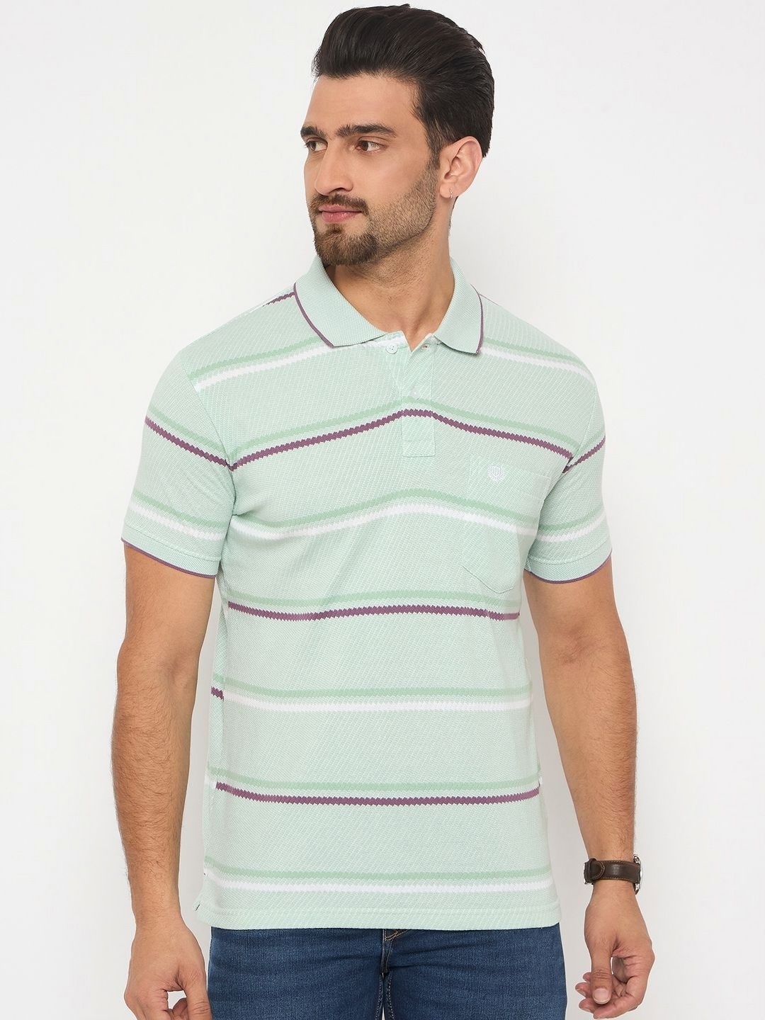 

Duke Men Striped Polo Collar Cotton Slim Fit T-shirt, Green
