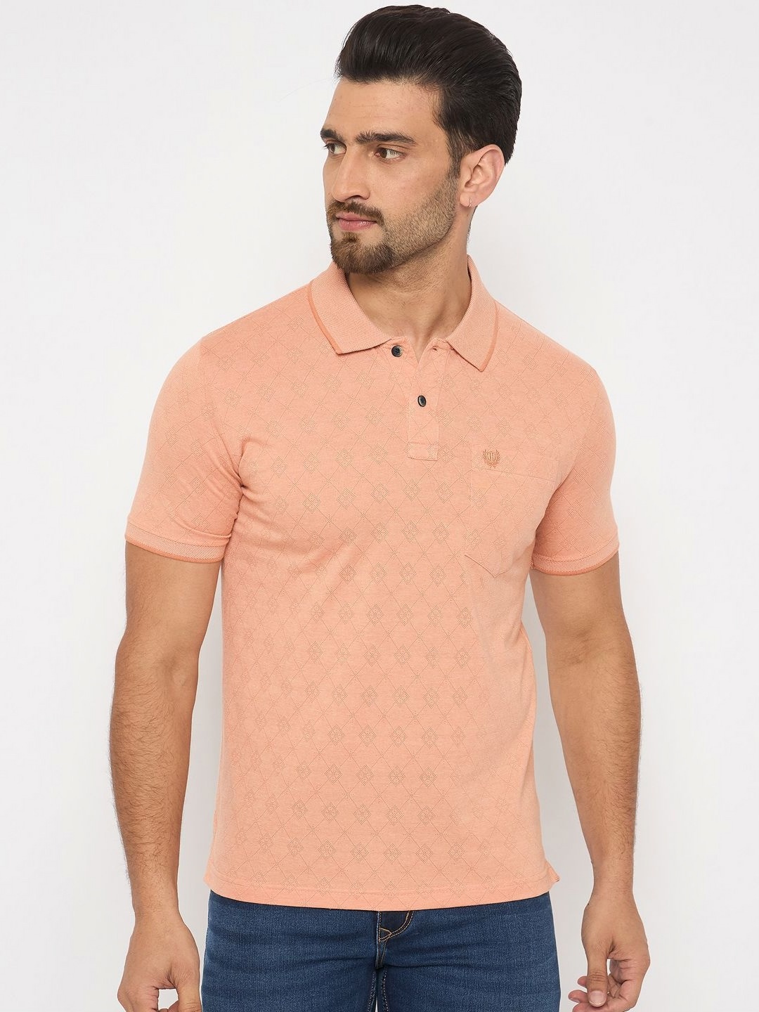 

Duke Men Geometric Printed Polo Collar Cotton T-shirt, Peach