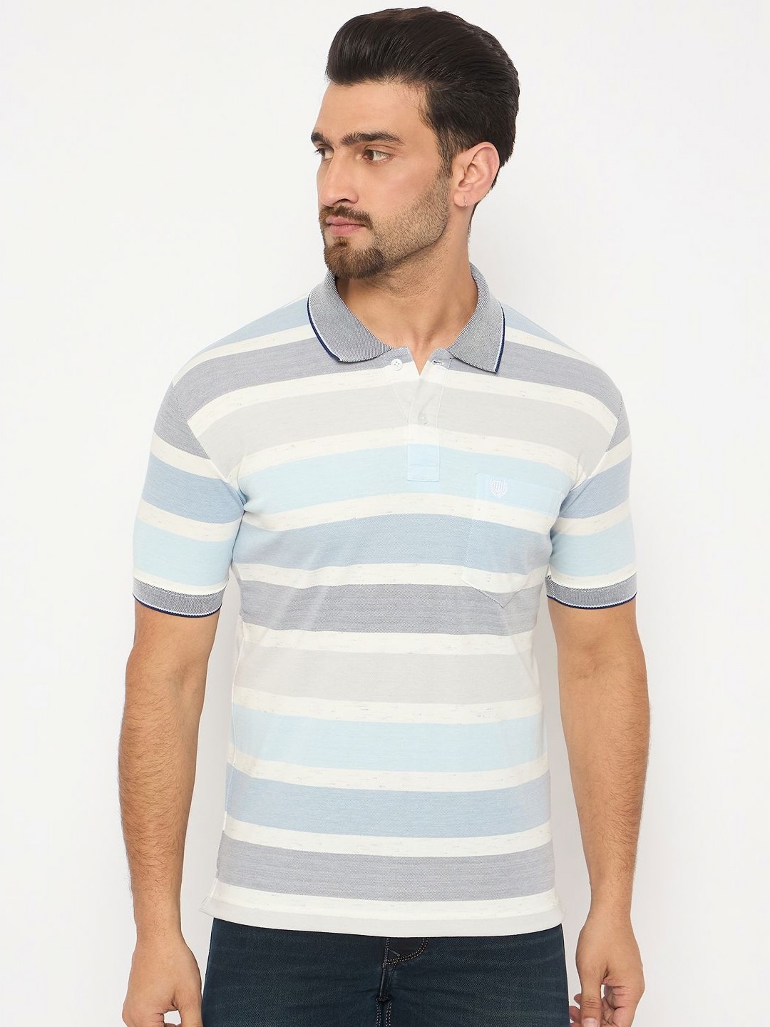 

Duke Men Striped Polo Collar Cotton T-shirt, White