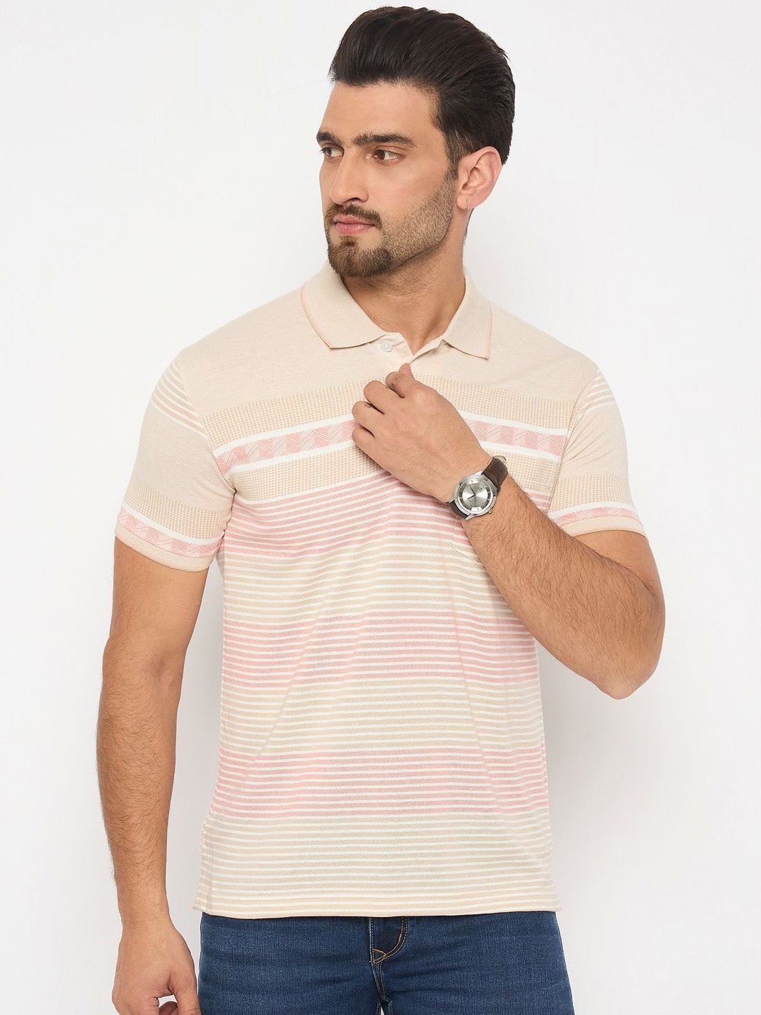 

Duke Men Striped Polo Collar Cotton T-shirt, Beige