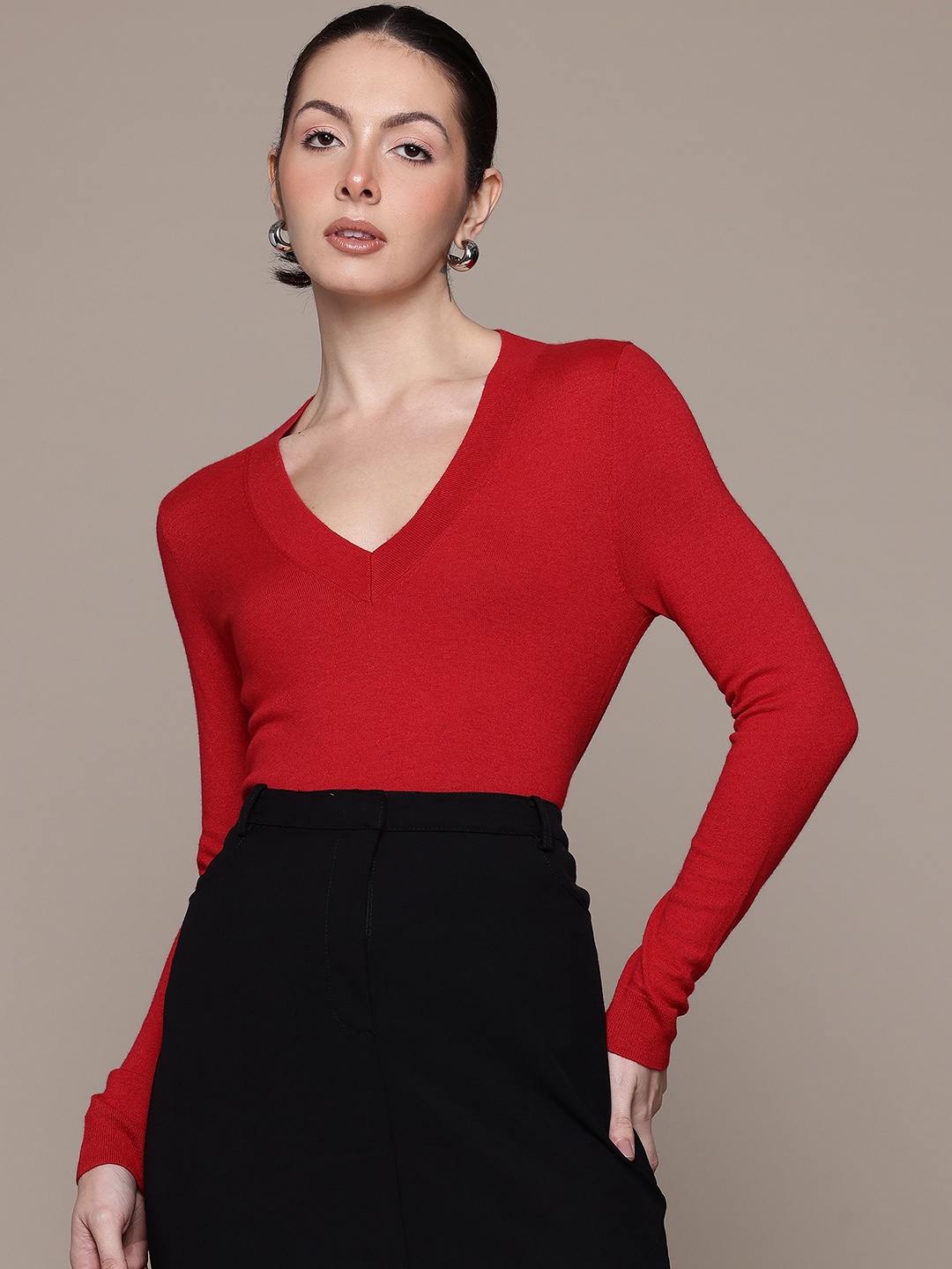 

MANGO V-Neck Fitted Sweater, Red