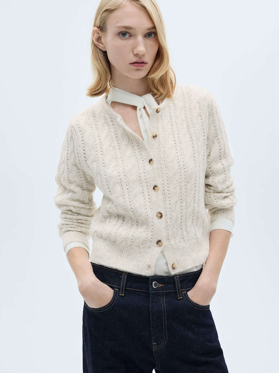 

MANGO Open & Cable Knit Cardigan, Beige