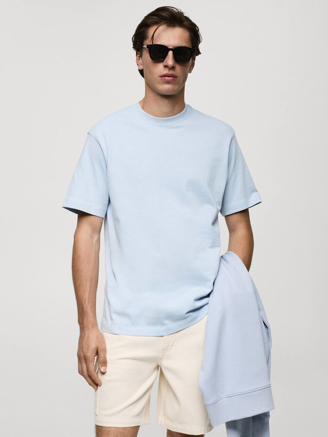 

MANGO MAN Drop-Shoulder Sleeves Pure Cotton Relaxed Fit T-shirt, Blue