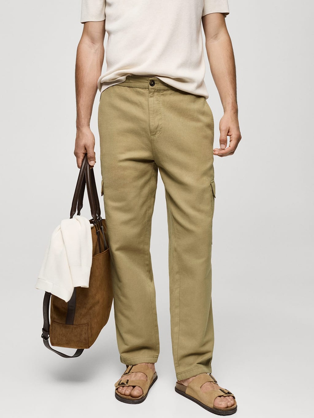 

MANGO MAN Cotton Linen Cargos, Khaki