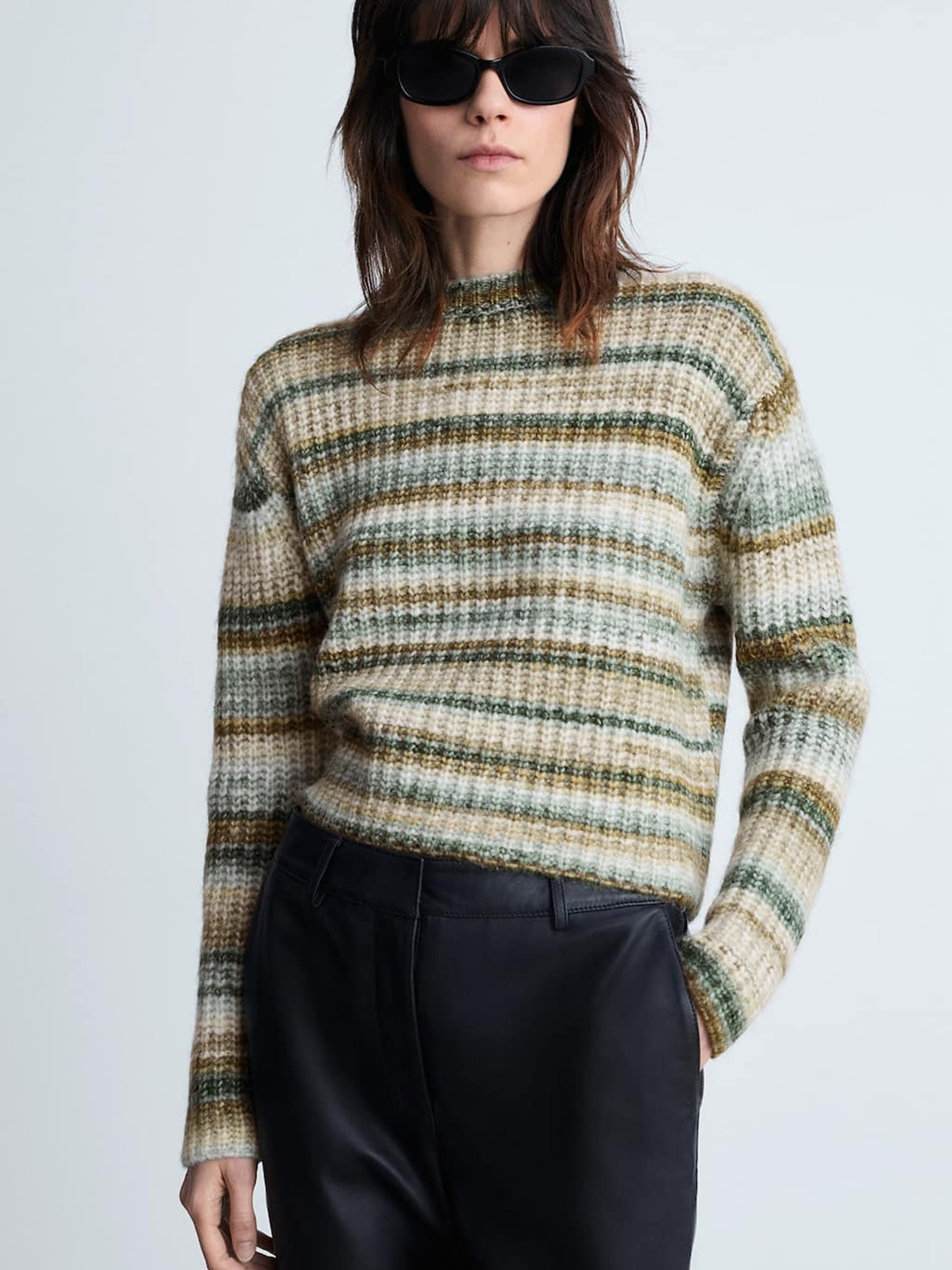 

MANGO Striped Drop-Shoulder Pullover, Green