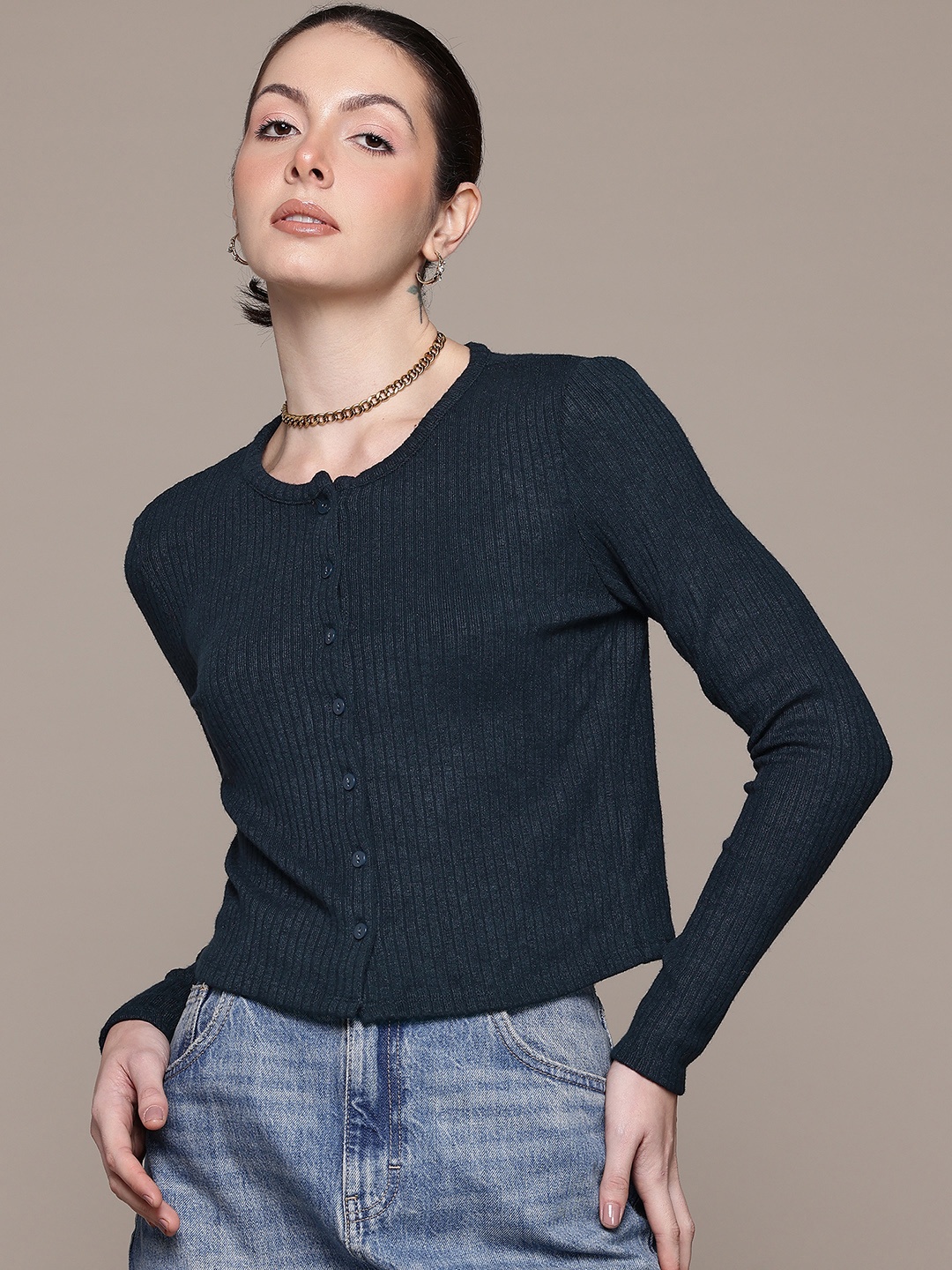 

MANGO Round Neck Long Sleeves Ribbed Cardigan, Navy blue