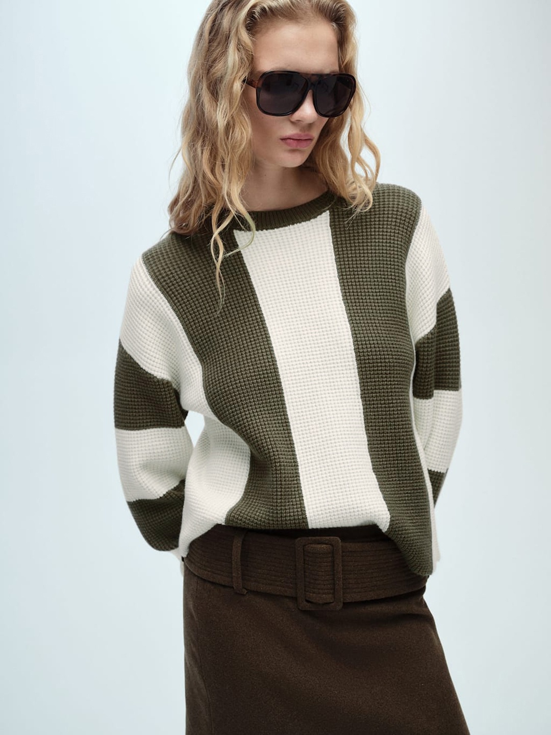 

MANGO Striped Pullover, Olive