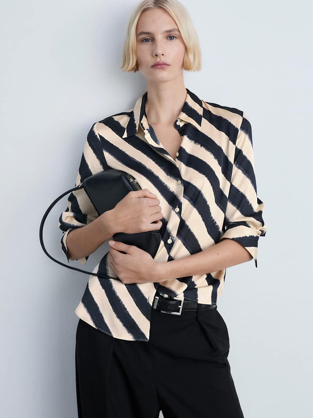 

MANGO Diagonally Striped Satin-Finish Monochromatic Shirt, Off white