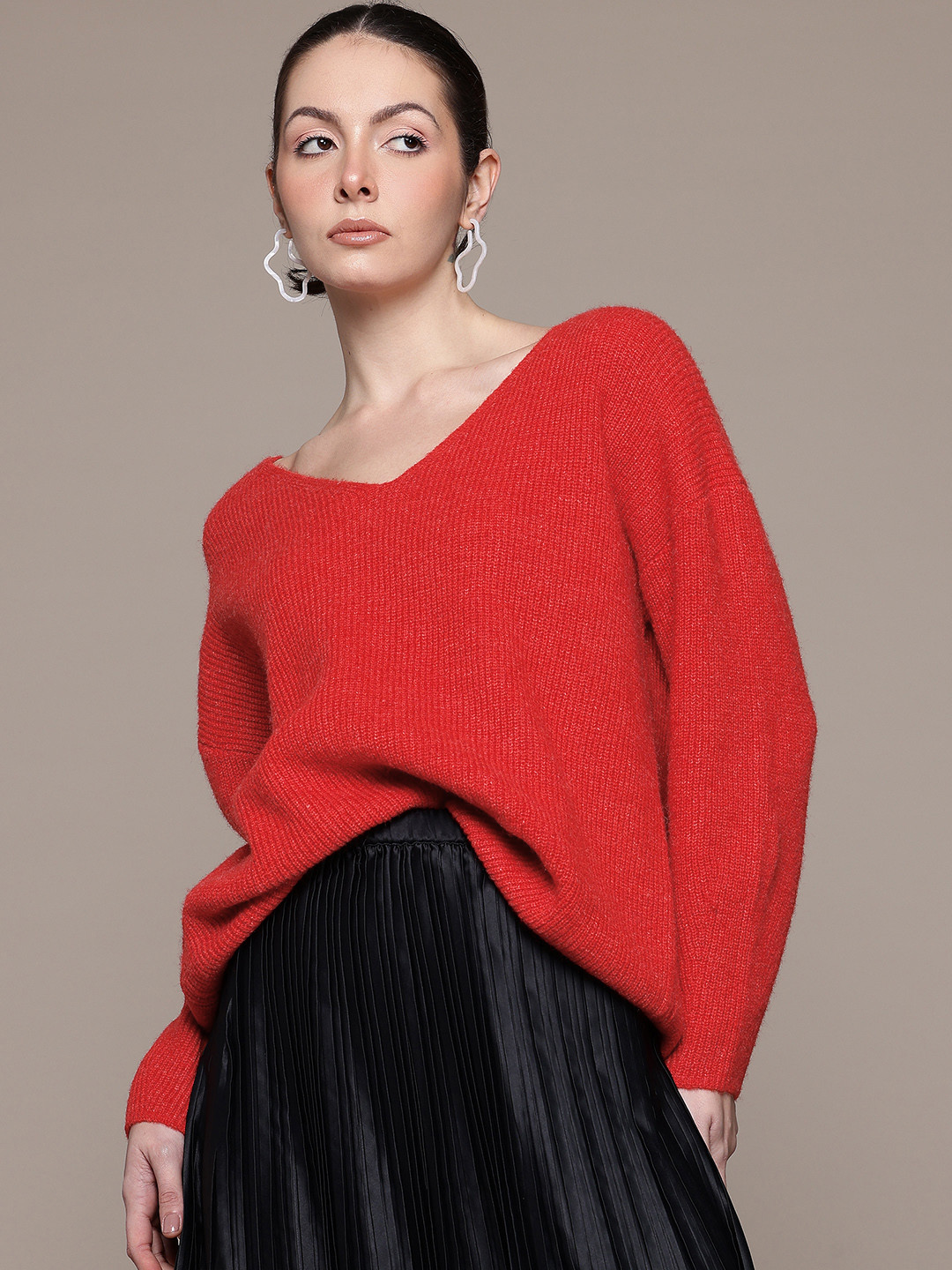 

MANGO V-Neck Ribbed Pullover, Red