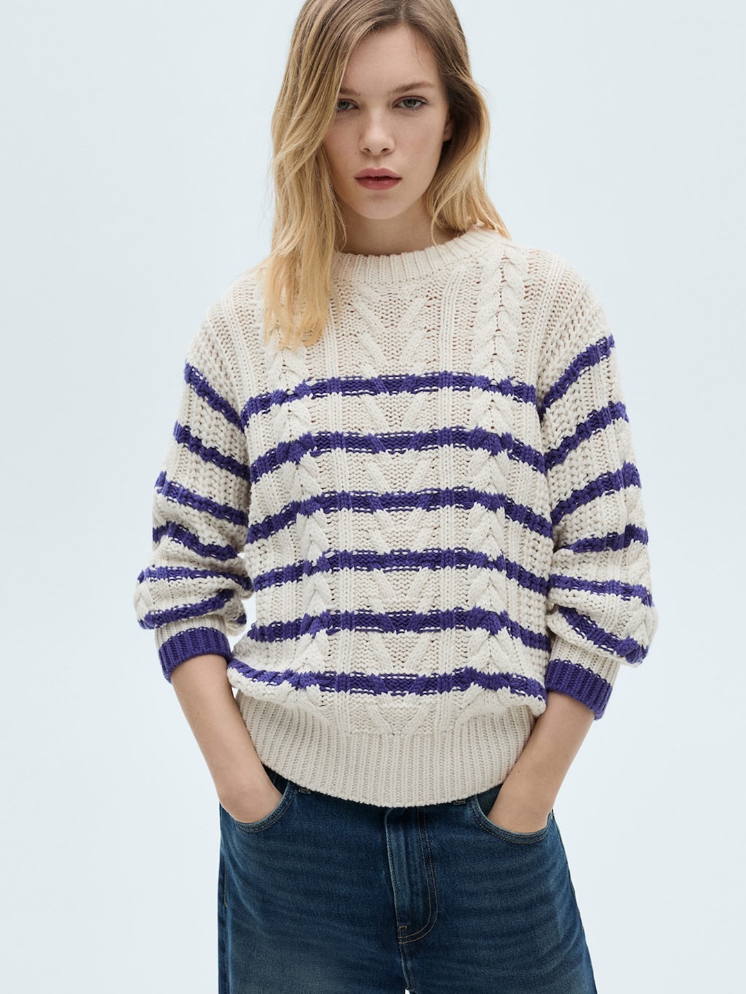

MANGO Women Striped Pullover, Off white