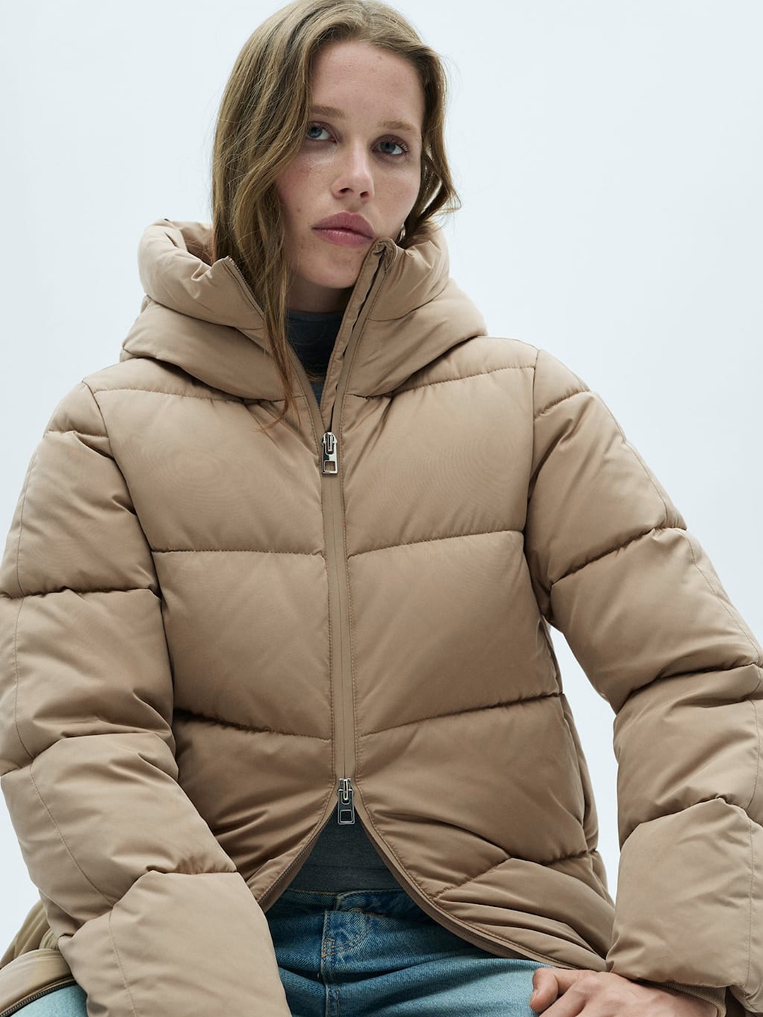 

MANGO Women Longline Puffer Jacket, Beige