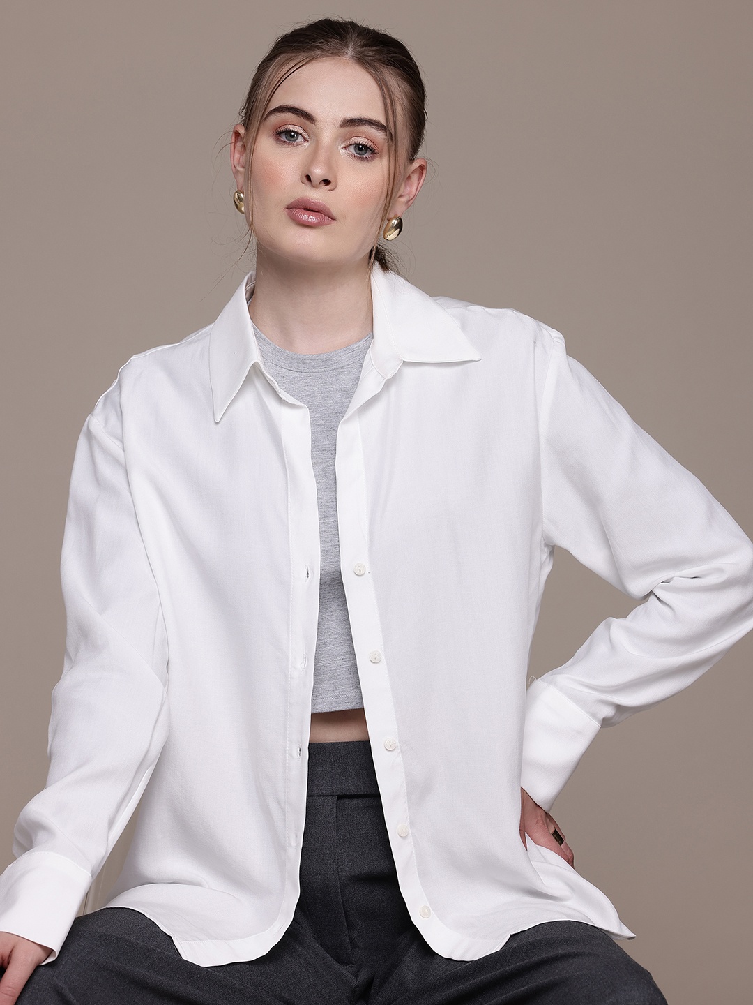 

MANGO Drop-Shoulder Sleeves Opaque Casual Shirt, White