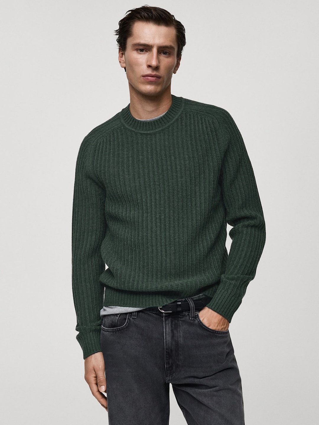 

MANGO MAN Ribbed Pullover, Green