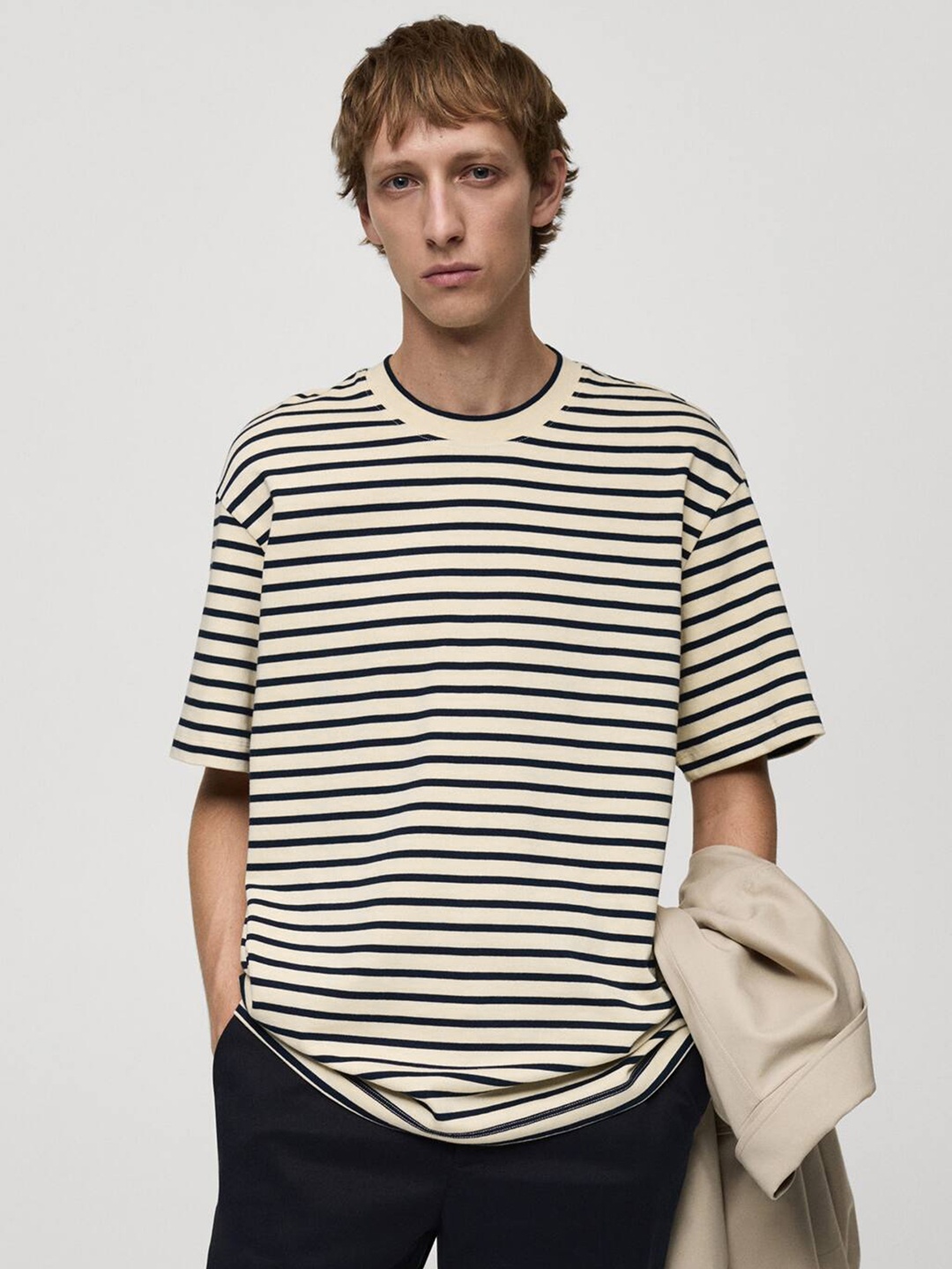 

MANGO MAN Striped Drop-Shoulder Sleeves Pure Cotton T-shirt, Beige