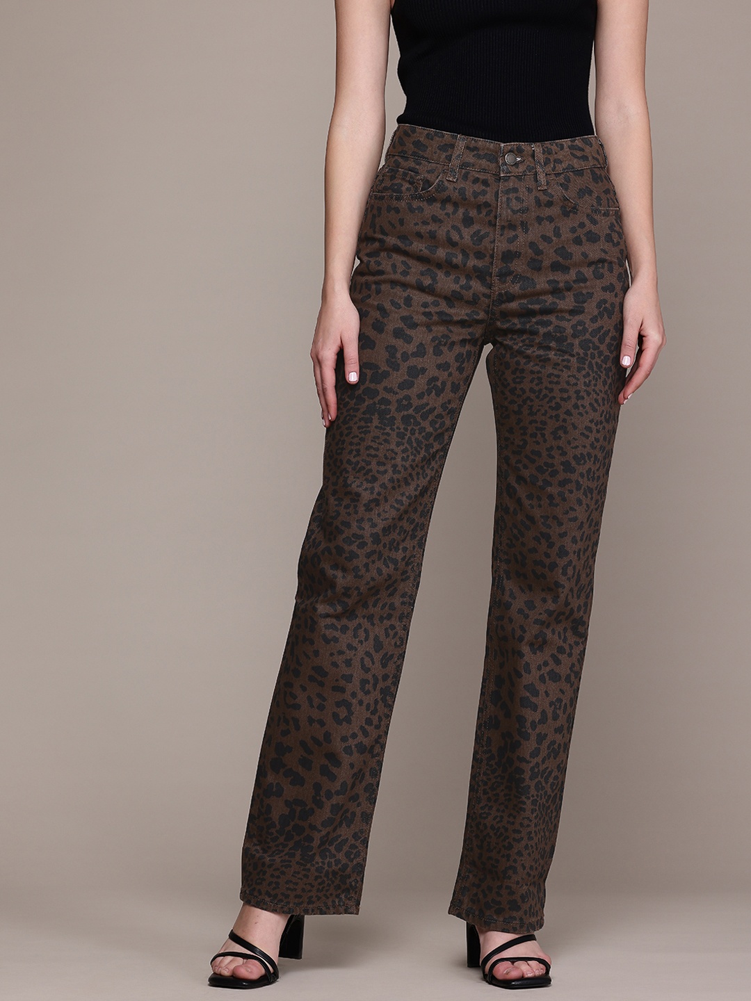 

MANGO Women Straight Fit Leopard-print Pure Cotton Jeans, Brown