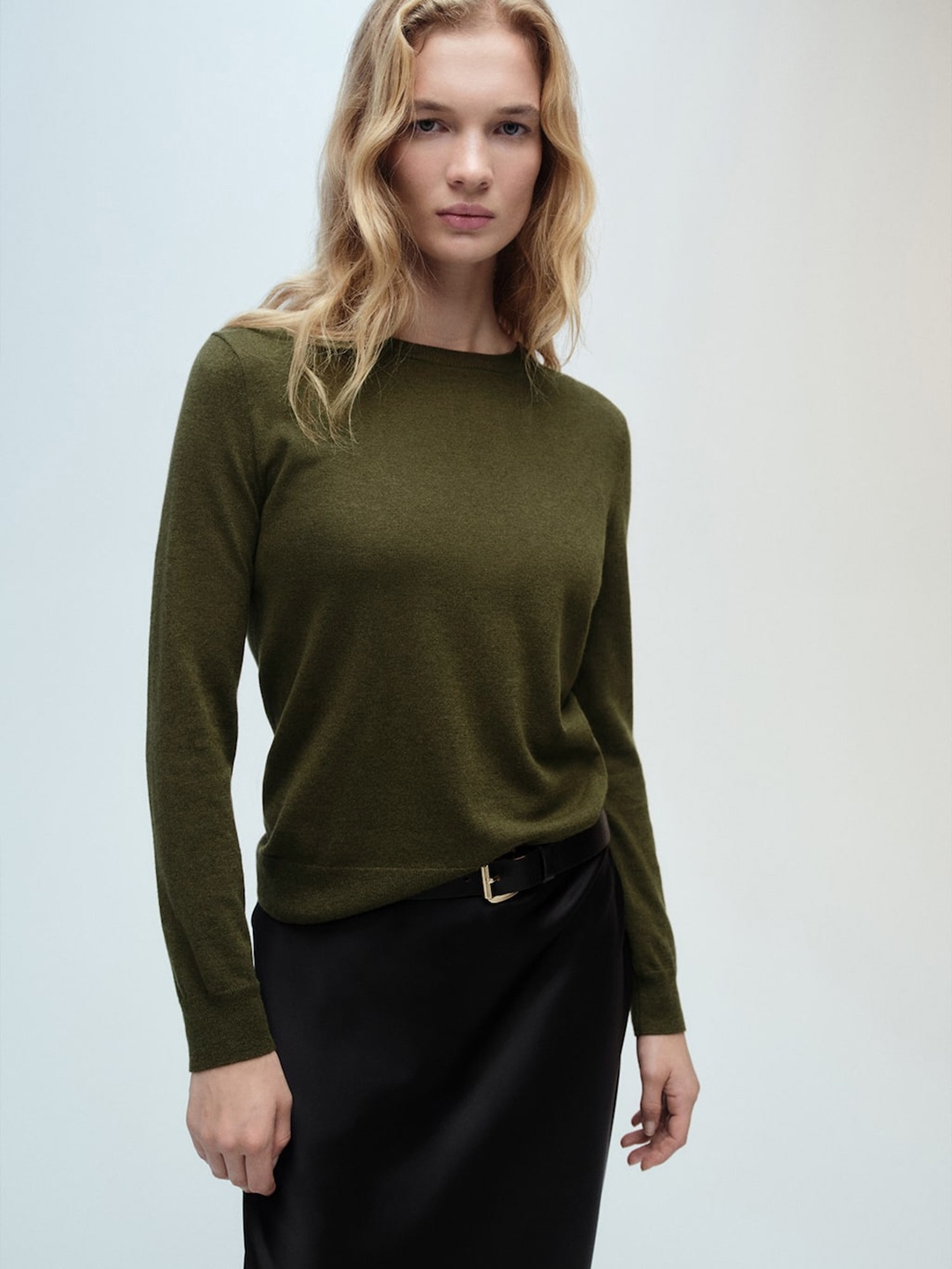 

MANGO Round Neck Pullover, Olive