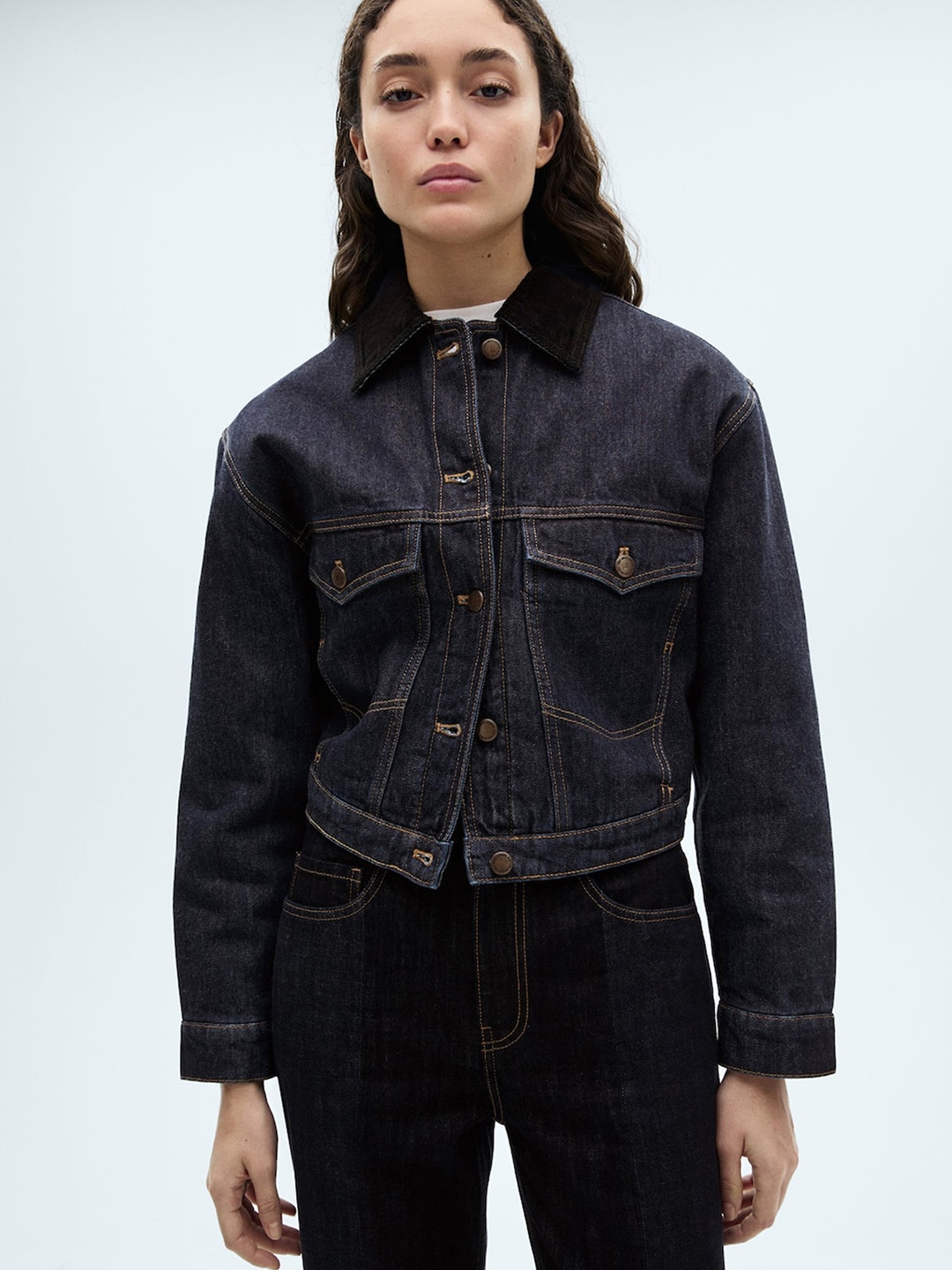 

MANGO Washed Contrast Collar Pure Cotton Denim Jacket, Navy blue