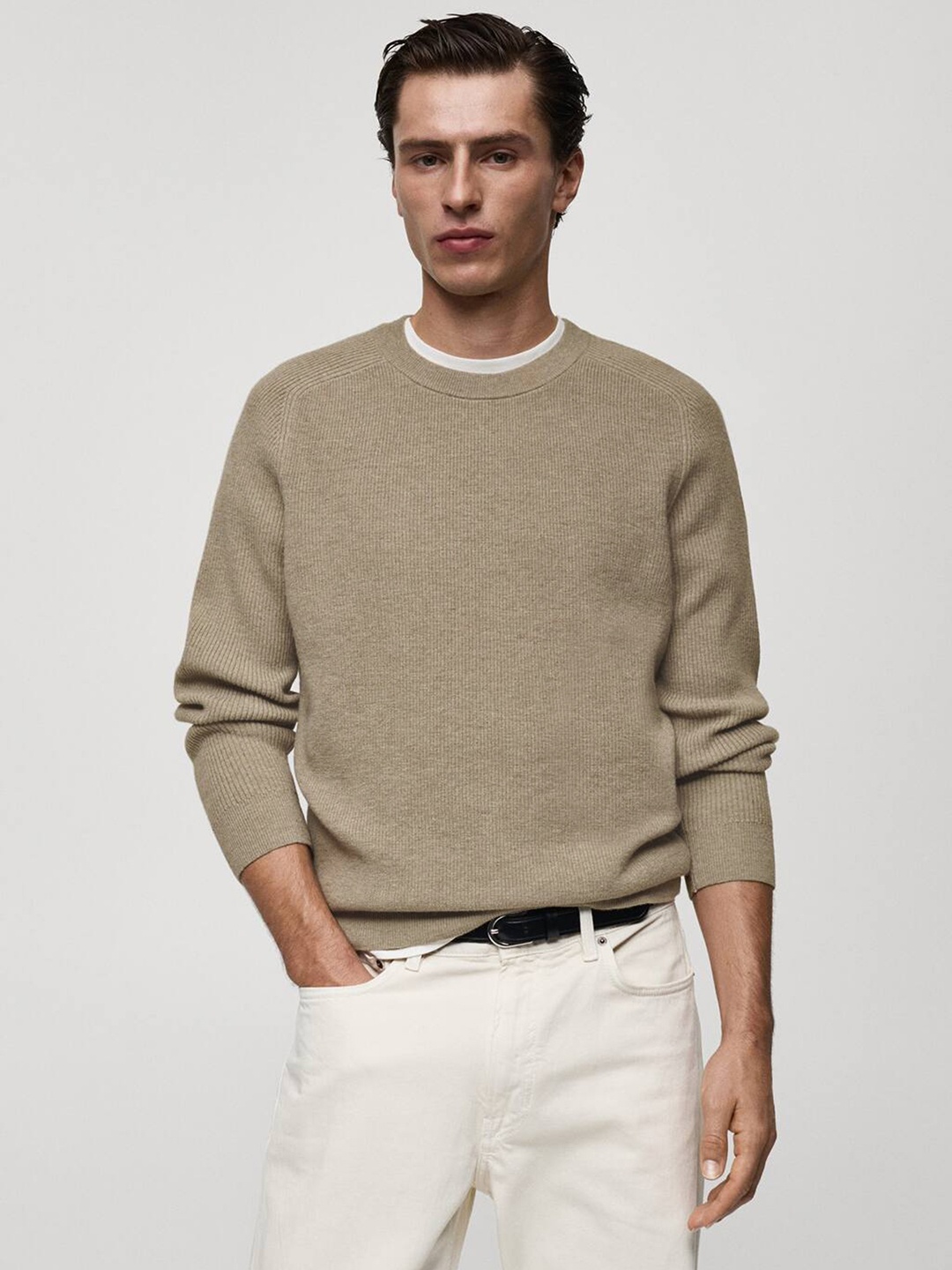 

MANGO MAN Ribbed Pullover, Beige