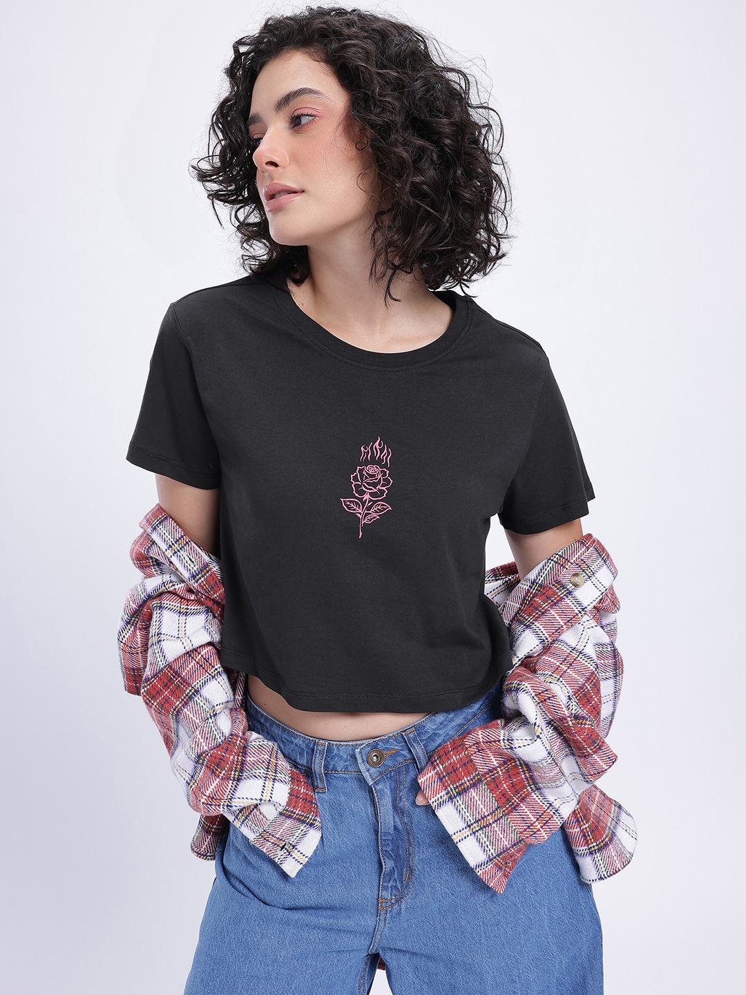 

glitchez Tiny Florals Print Pure Cotton Crop Regular Fit T-shirt, Black
