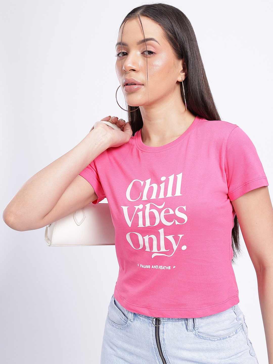 

glitchez Laid Back Vibes Typography Printed T-shirt, Pink