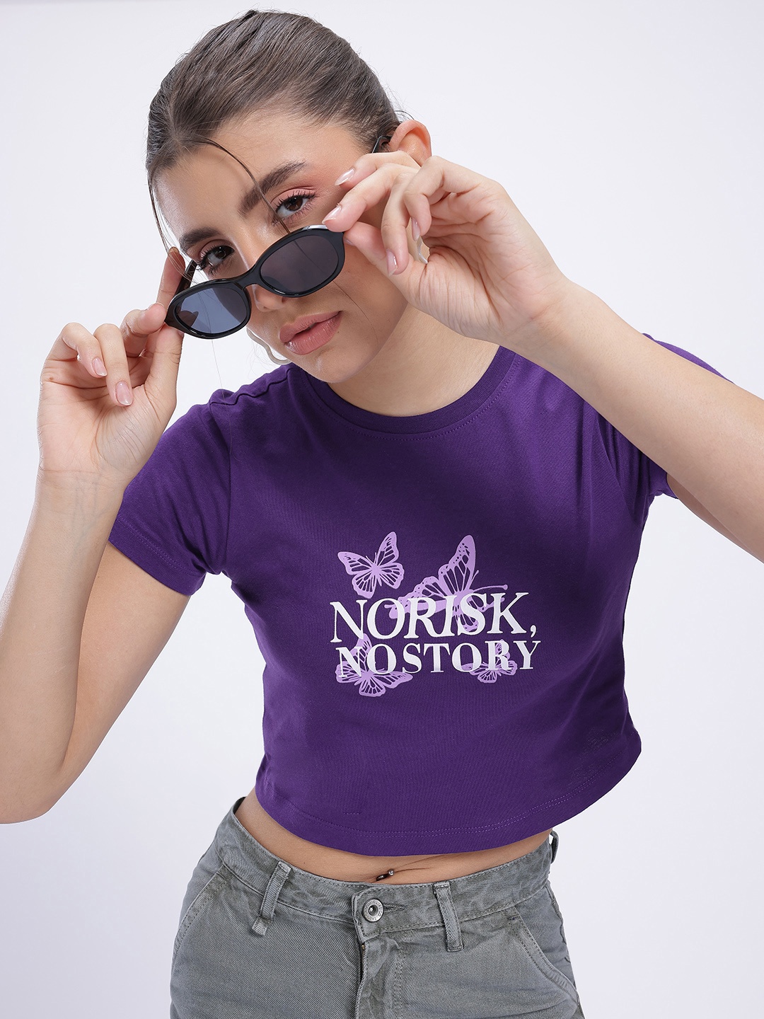 

glitchez Comfy Core Typo Print Crop T-shirt, Violet