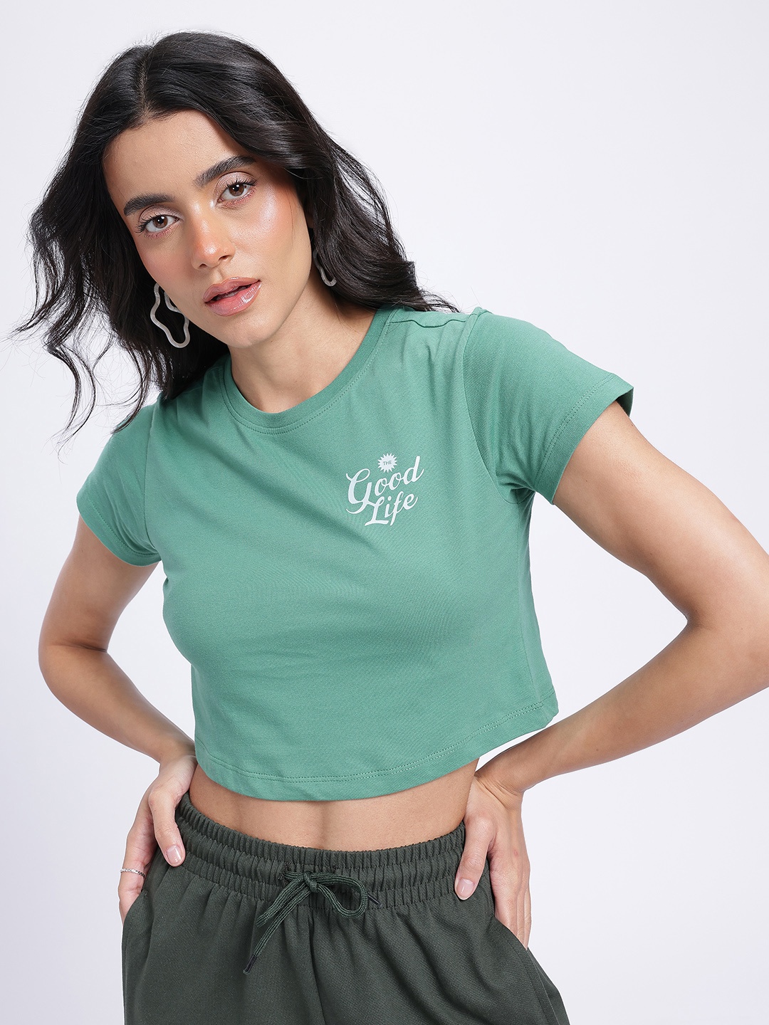 

glitchez Precise Lettering Pure Cotton Crop T-shirt, Sea green