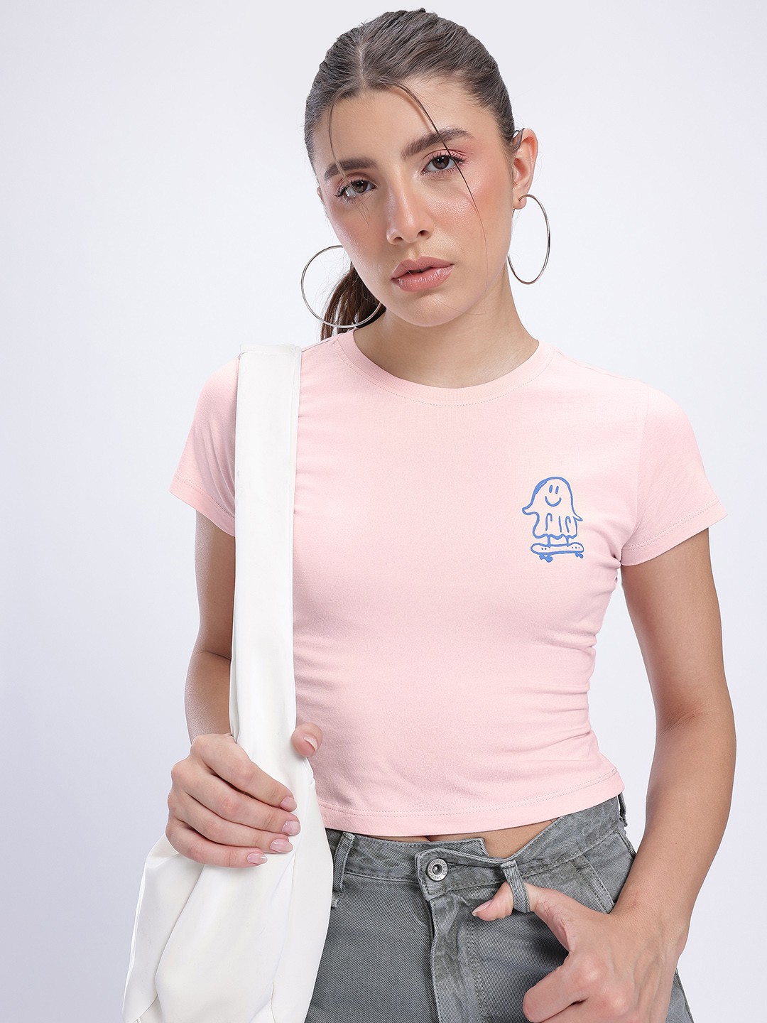 

glitchez Boo & Boujee Printed Detail Crop T-Shirt, Pink