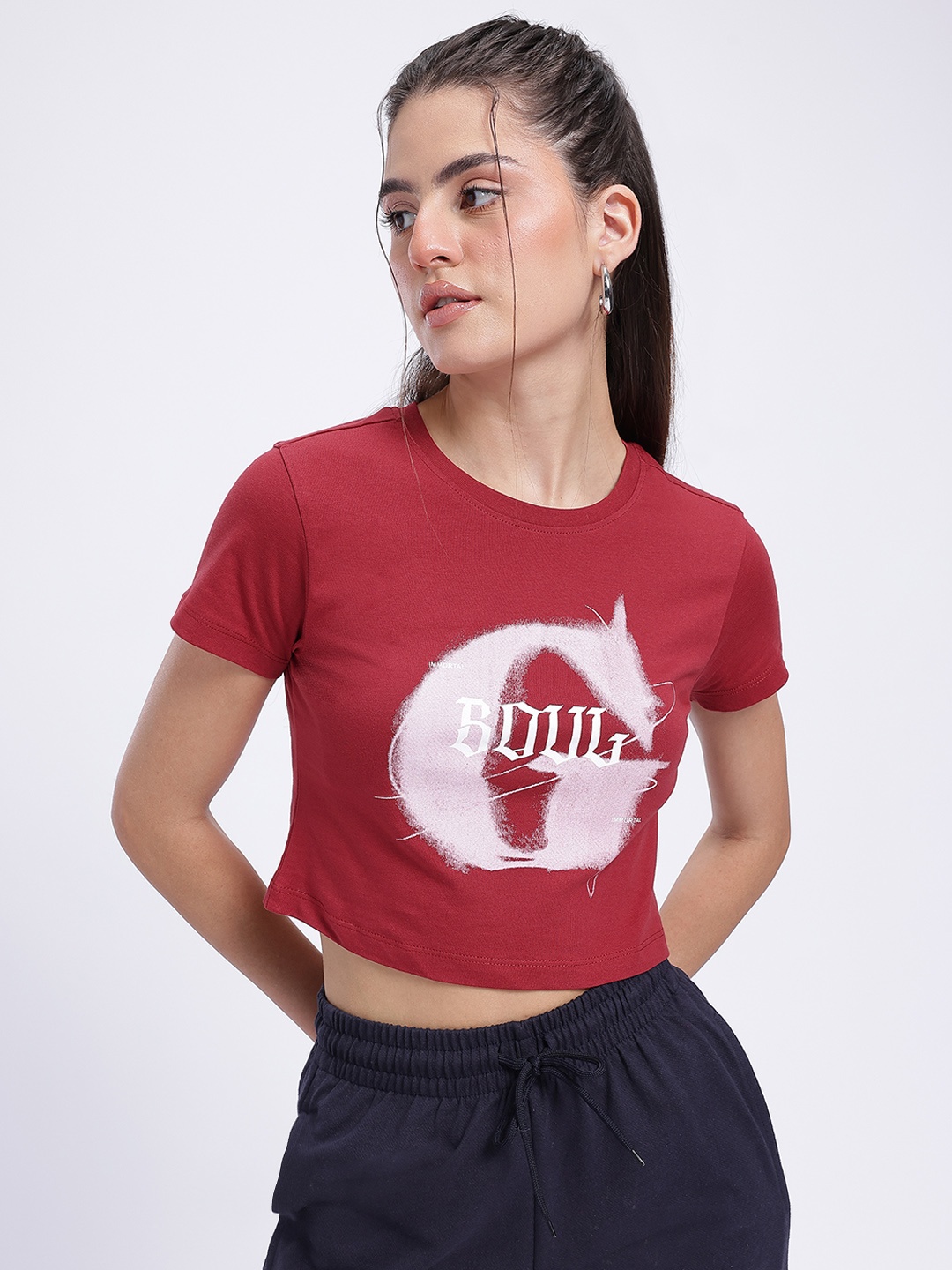 

glitchez Bold Typo Printed Pure Cotton Crop T-shirt, Red