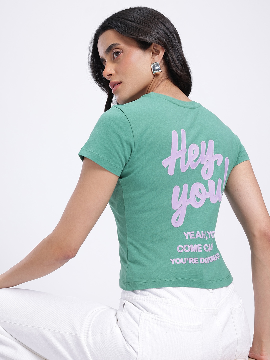 

glitchez Intelligent Letters Print Pure Cotton Crop T-shirt, Green