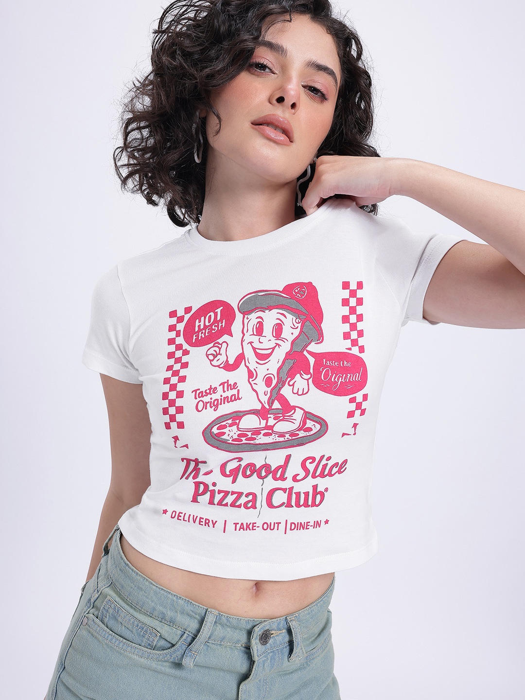 

glitchez Pizza Love Forever Printed Crop T-Shirt, White