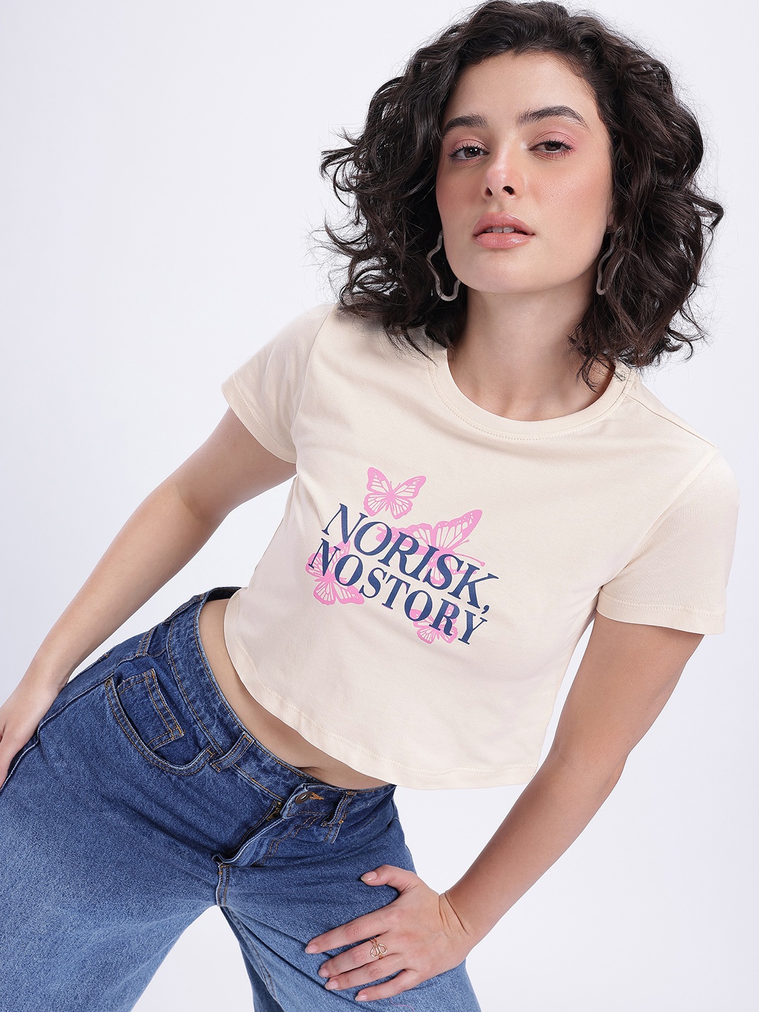 

glitchez Risk It Right Printed Crop T-Shirt, Beige