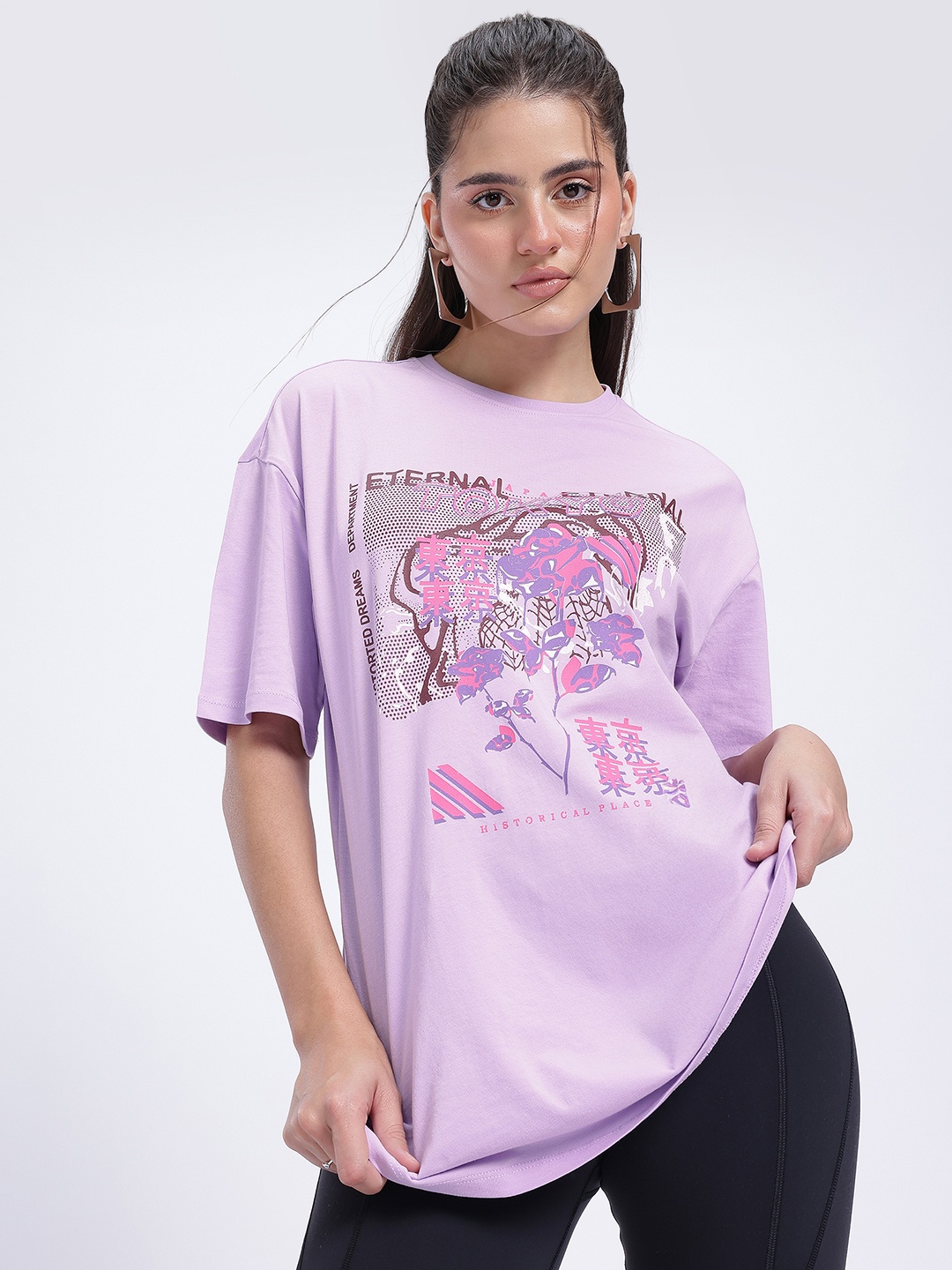 

glitchez Distorted Graphics Print Pure Cotton Drop-Sleeves Oversized Longline T-shirt, Lavender