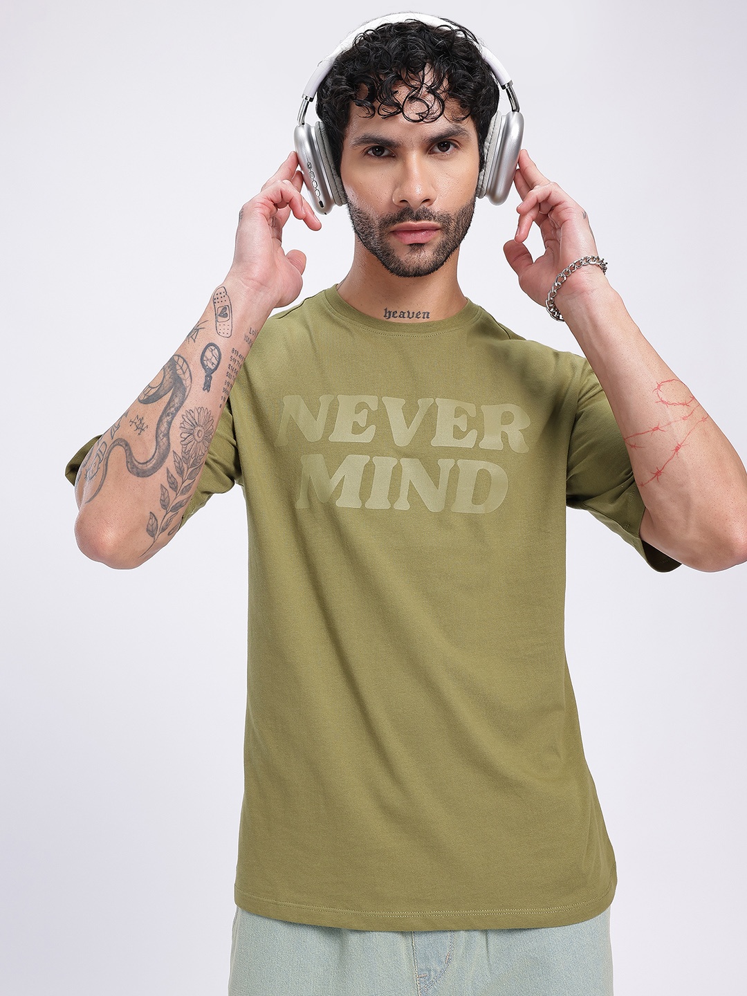 

glitchez Too Cool To Care Bold Type Printed Relaxed T-shirt, Olive