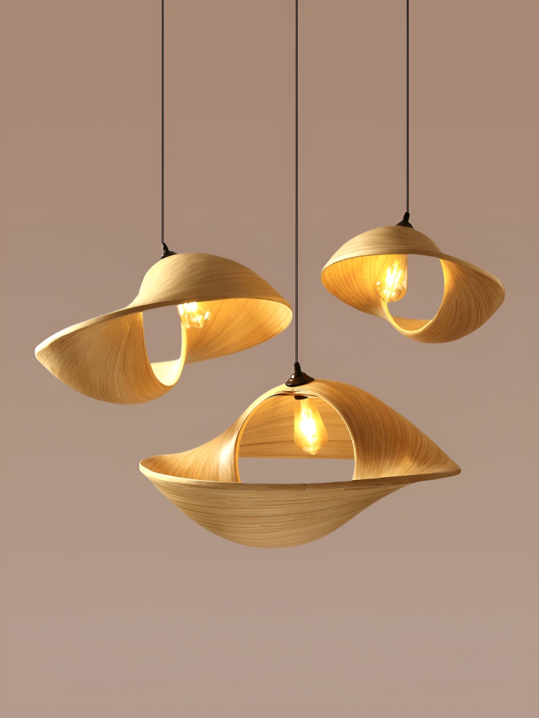 

HABERE INDIA Yellow 3 Pieces Abstract Shaped Textured Hanging Wooden Ceiling Lamp