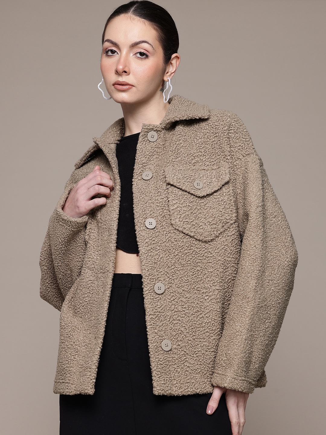 

MANGO Oversized Teddy Jacket, Taupe