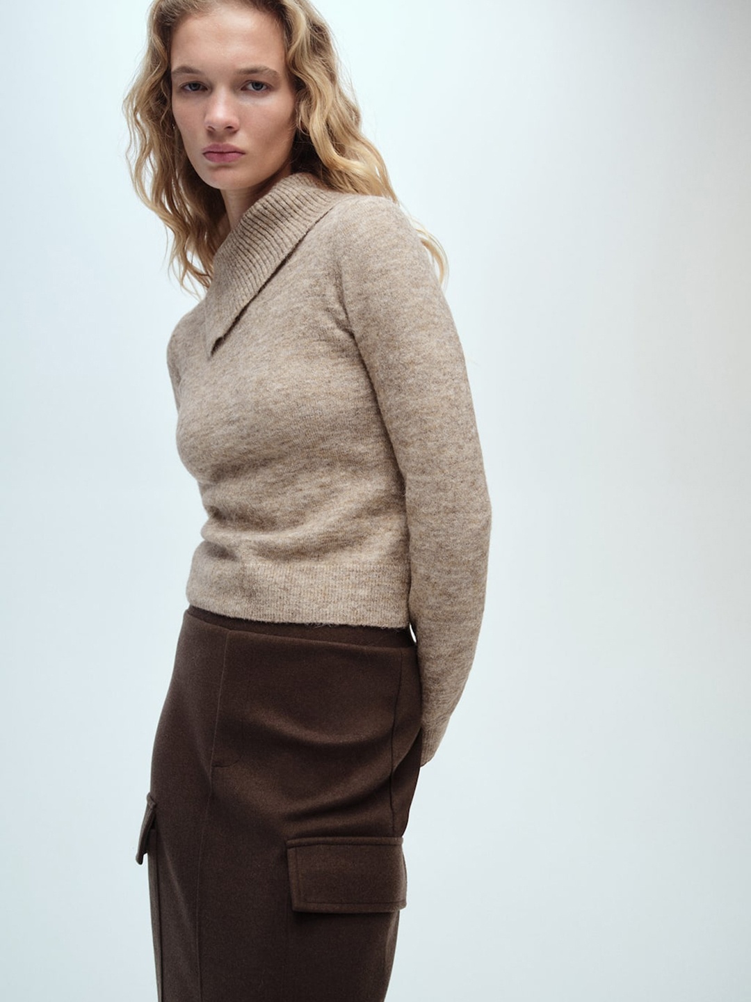 

MANGO Asymmetric Turtle Neck Pullover, Beige