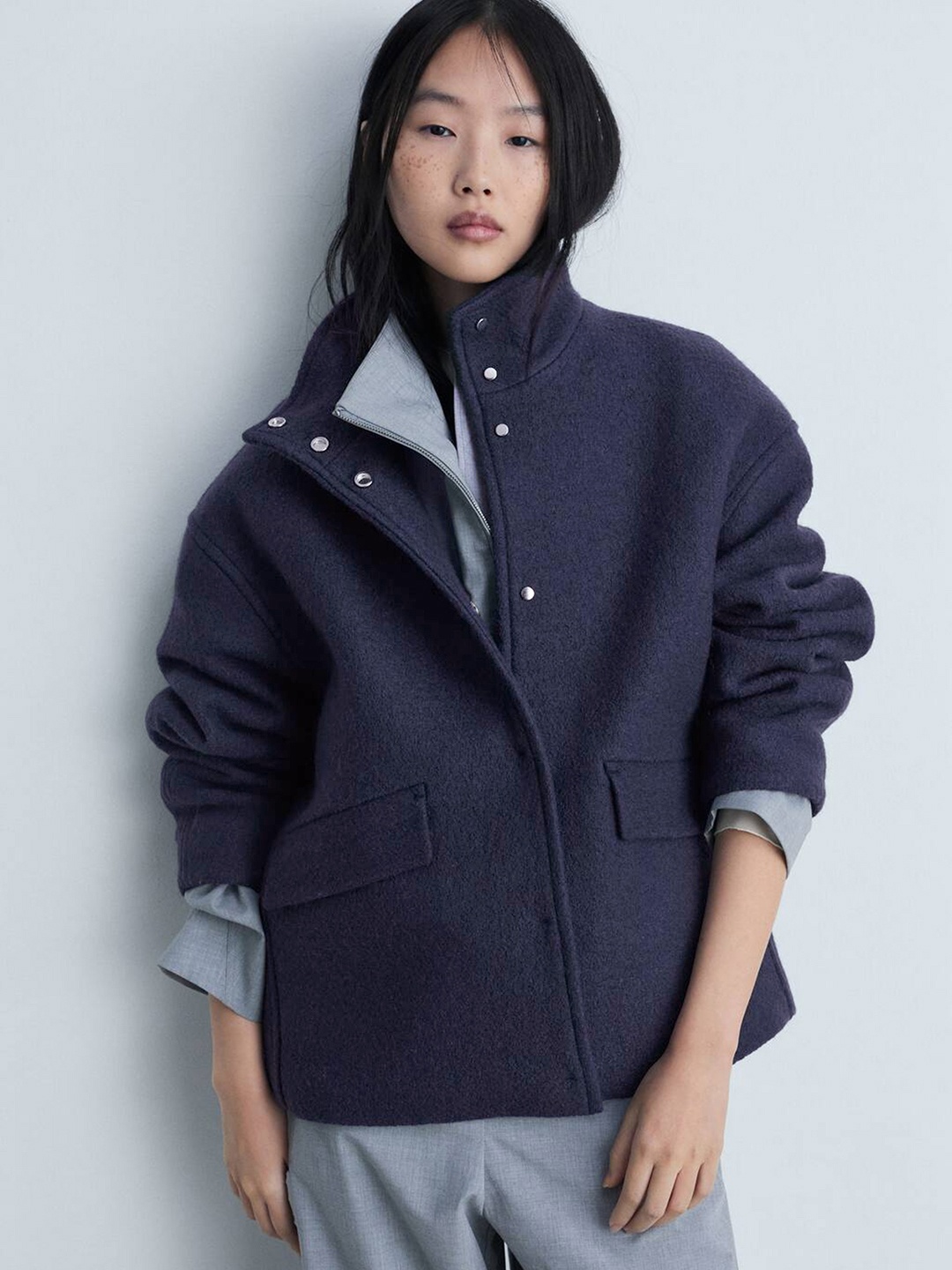 

MANGO Women Woollen Longline Tailored Jacket, Charcoal
