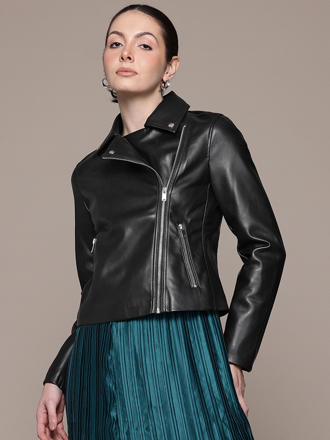 

MANGO Faux Leather Asymmetric Closure Moto Jacket, Black